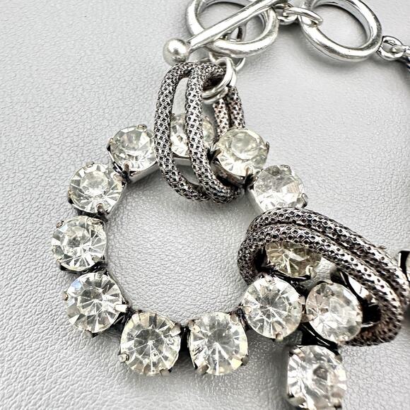 Chunky Rhinestone Circle Bracelet with Textured Cable Chain Silver Tone Toggle - Picture 4 of 5